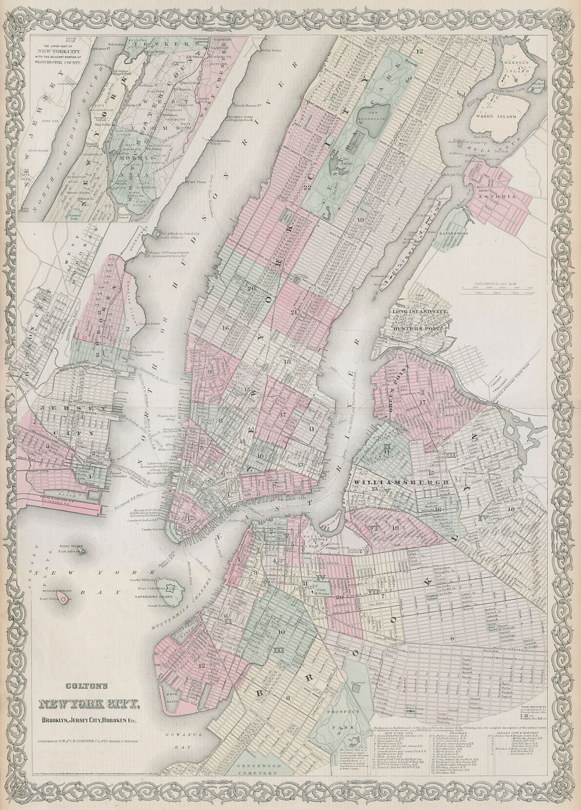 Colton's New York City, Brooklyn, Jersey City, Hoboken. Antique plan 1869 map